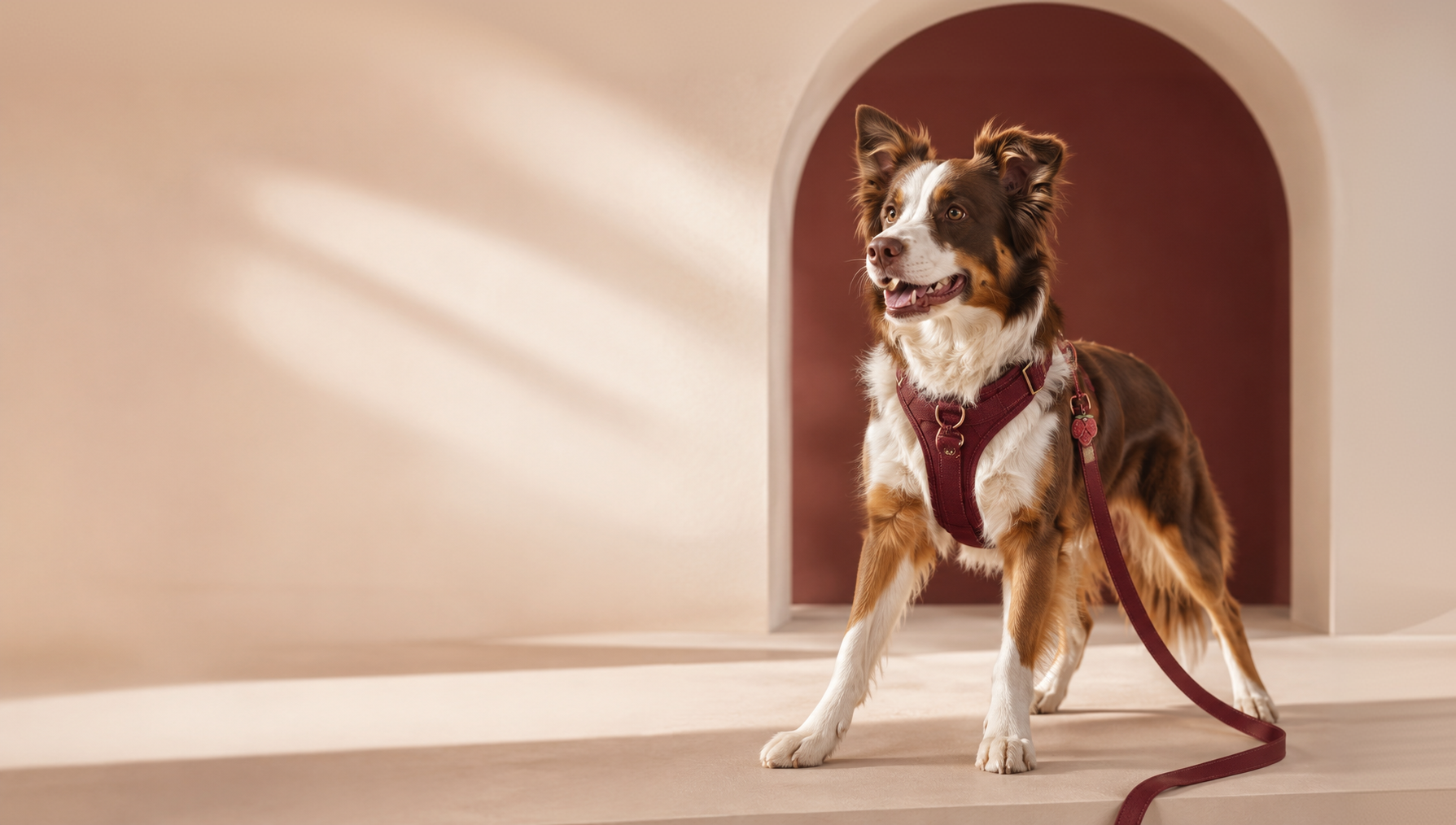 A dog wearing a Snoutberry harness and lead in a warm studio